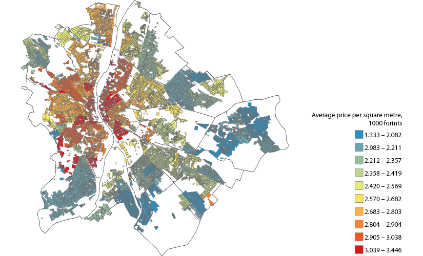 Average rental prices in some parts of Budapest (2015–2019)
