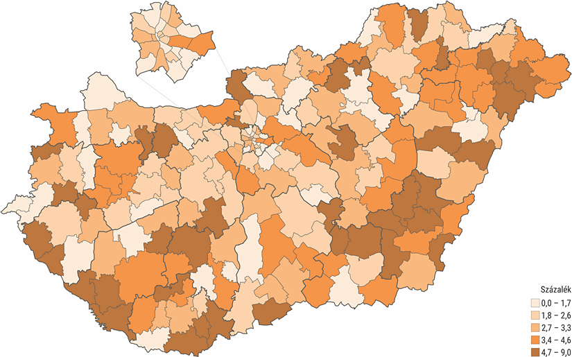 Idősek bentlakásos intézményeiben ellátottak a 65 éves és annál idősebb népesség százalékában járásonként