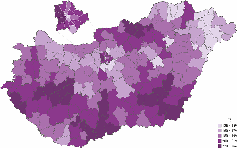 A 65 éves és annál idősebbek ezer lakosra jutó száma járásonként