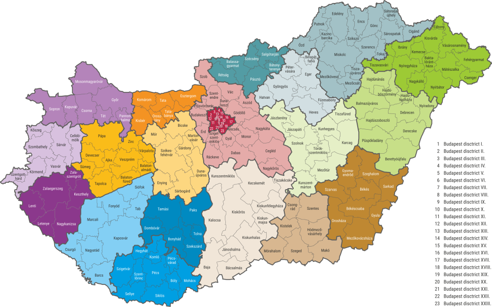 The districts of Hungary, 13 October 2019
