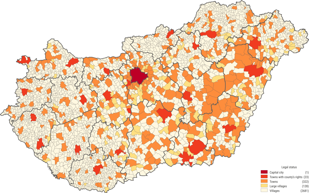 Settlements of Hungary by legal status, 1 January 2022