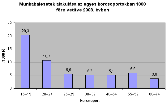 Munkabalesetek alakulsa az egyes korcsoportokban 1000 fre vettve 2008. vben