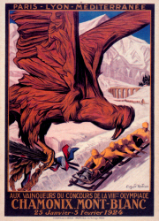 A Chamonix-i, 10 004 fizető nézőt vonzó első téli olimpia hivatalos plakátja. A plakáton szereplő bobban ötfős legénységet ábrázoltak, a versenyeken ezzel szemben csak négyen ültek a sporteszközökben. (Forrás: Sportmúzeum)